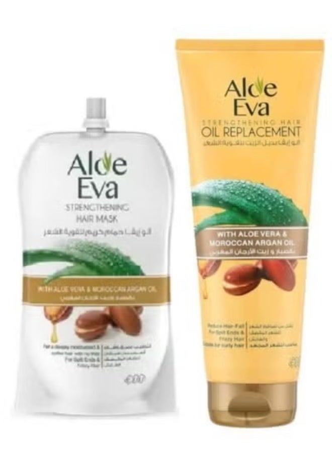 Aloe Eva Hair Strengthening Mask Pouch With Aloe Vera & Moroccan Argan Oil 250 Gm + Strengthening Hair Oil Replacement With Aloe Vera and Argan Oil 250ML. - Image 1